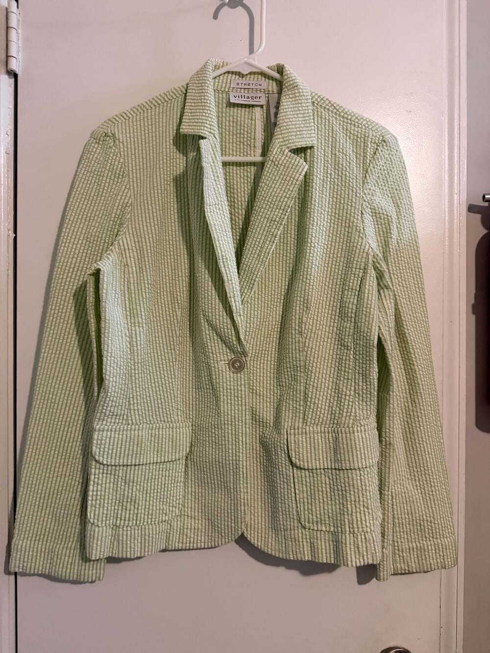 Liz Claiborne Women's Green and White Striped Seersucker Blazer Jacket, Size 12